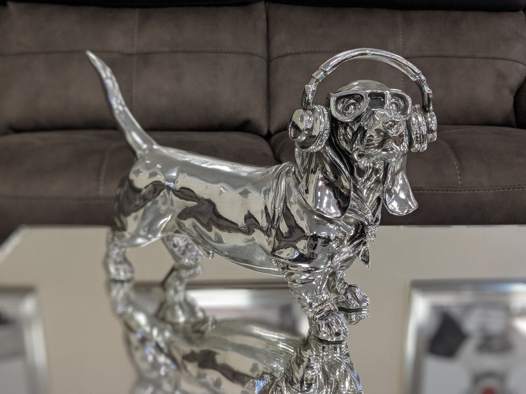 Silver Electroplated Sausage Dog with Headphones & Glasses