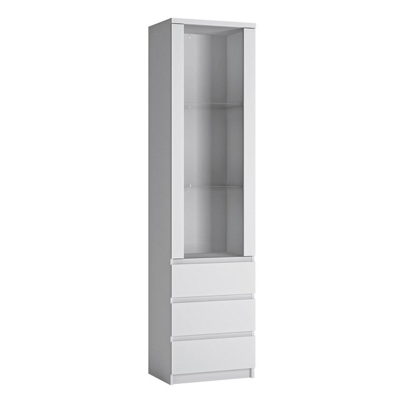 Fribo Tall Narrow 1 Door 3 Drawer Glazed Display Cabinet in White