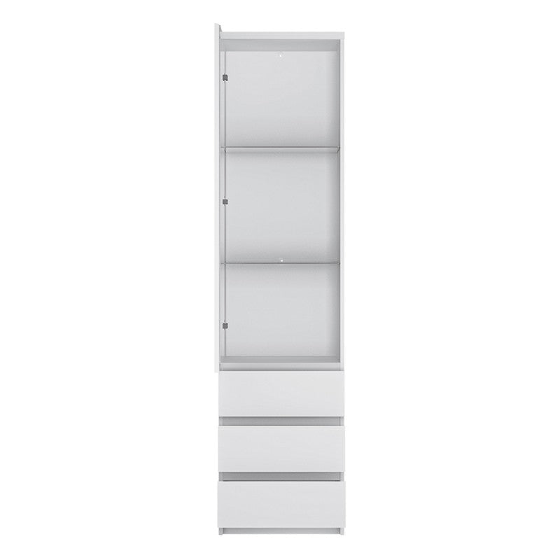 Fribo Tall Narrow 1 Door 3 Drawer Glazed Display Cabinet in White